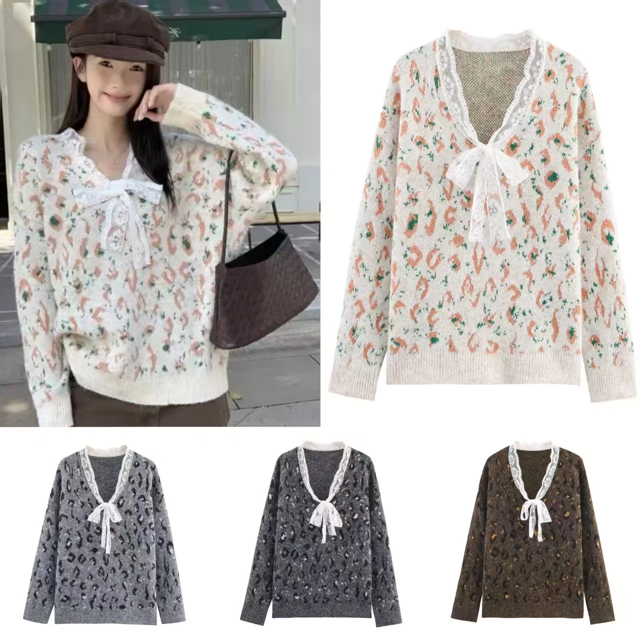 

Women's Top 2025 Autumn New Style Leopard Print Long Sleeve Lace Trim Pullover Knit Top Casual Fashion Personality