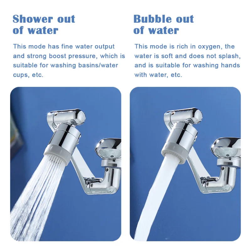 Dual Mode 1440° Rotation Faucet Aerator Splash Kitchen Tap Extend Water Nozzle Faucet 22/24mm Adaptor Faucet Bubbler Robotic Arm