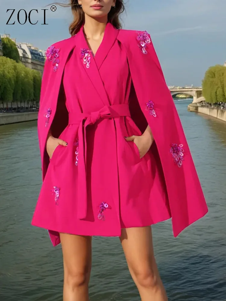 

ZOCI Fashion Design Cloak Suit Jackets For Women One-piece Blazers Sequins V-neck Female Lace-up Coats 2025 Autumn New