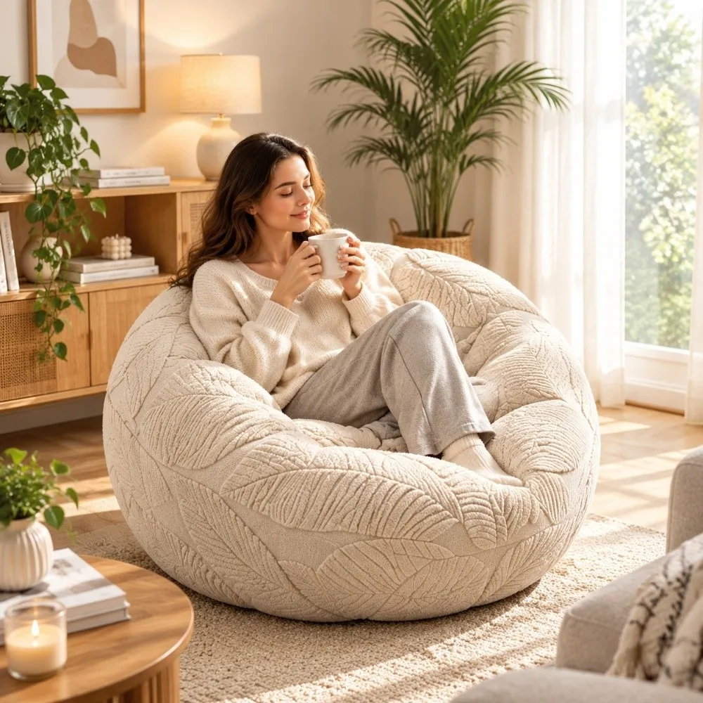 Leaf Jacquard Bean Bag Chair Slipcover Soft Elastic Textured Fabric Lazy Sofa Cover Furniture Protector Removable