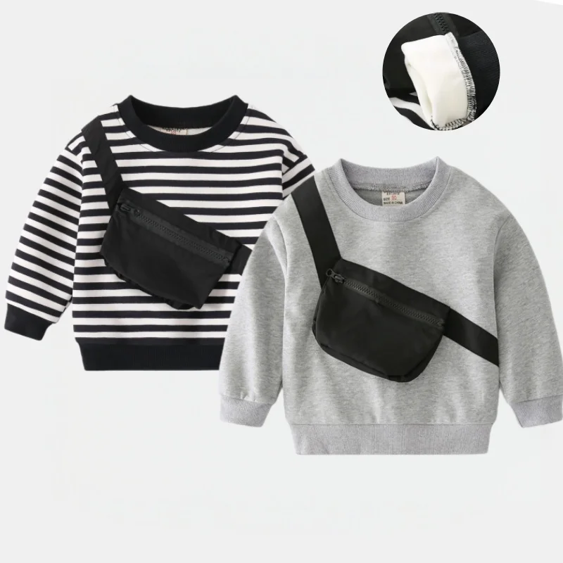 

2025 Kids Boys Clothes Fleece Lined Sweatshirt Cotton 2-6Y Baby Casual Crewneck Pullover with Fanny Pack Striped Solid Warm Top
