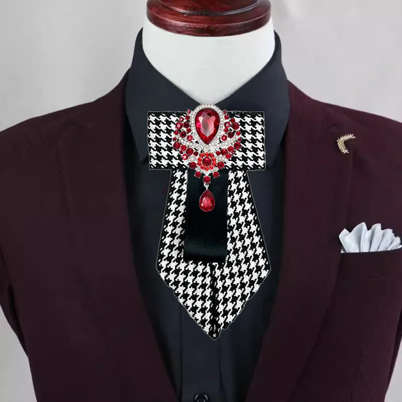 Men's Bow Tie Handmade Houndstooth Ribbon Rhinestone Ties British Korean Fashion Suit Shirt Accessories Gift CollarFlower Bowtie