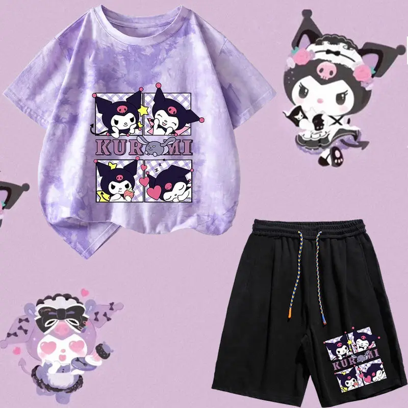 

1 2Pcs Summer Sanrio Kuromi Anime Kawaii Short-Sleeved T-Shirt Cute Girls Boys Pants Print Base Shirt Loose Clothes Gifts Toys