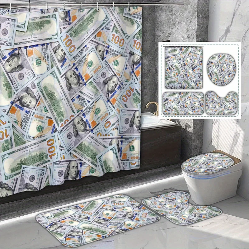 1/4PCs money print bathroom set, us dollar shower curtain with 12 hooks, waterproof polyester, currency patterned bath decor, no