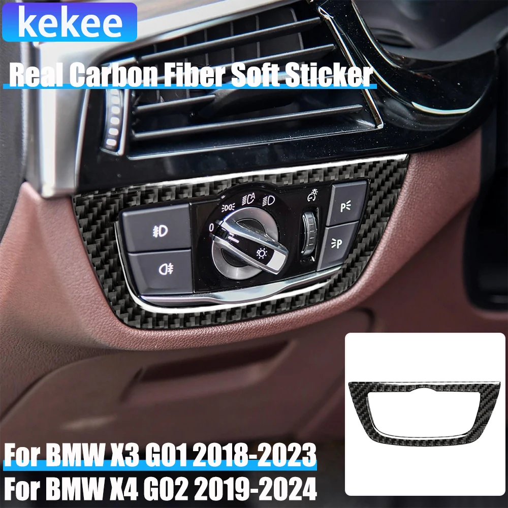 

Real Carbon Fiber Car Accessories Headlight Switch Frame Decorative Cover Soft Sticker For BMW X3 G01 2018-2023 X4 G02 2019-2024