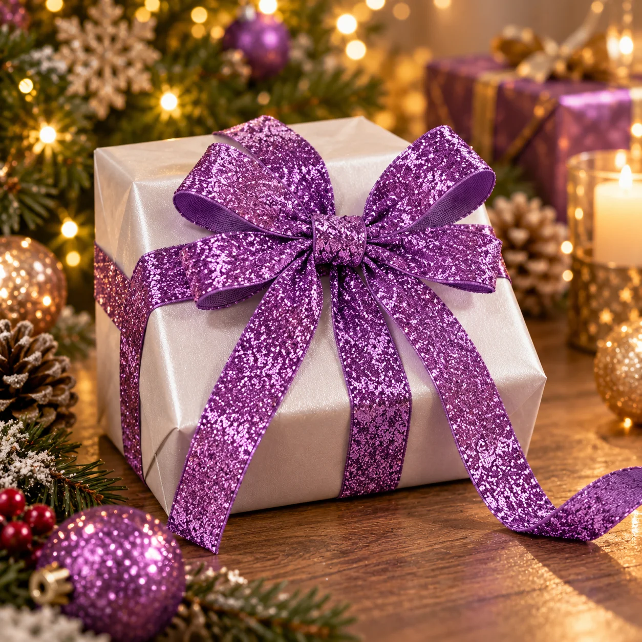 Purple Glitter Ribbon Sparkly Christmas Ribbon for Xmas Tree Decorations Gift Wrapping Bow Making Holiday Party DIY Crafts