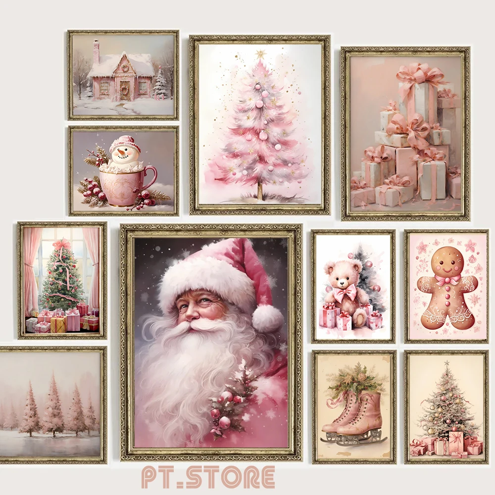 Vintage Pink Christmas Poster Painting Pink Gingerbread House Reindeer Santa Wall Art Canvas Print Living Room Home Decor Gif
