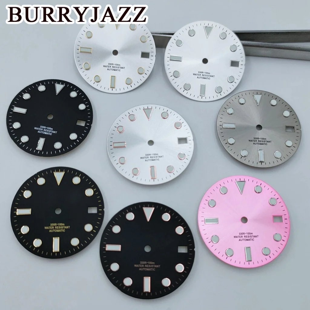 BURRYJAZZ 28.5mm No Logo NH35 MH36 Watch Dials Black Blue Green Red Silver Brown Gold Pink Grey Dial Luminous