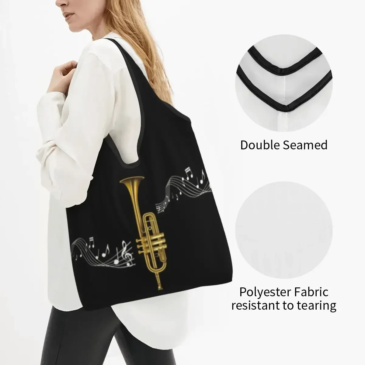 Custom Trumpet With Music Notes Shopping Bag Women Portable Large Capacity Grocery Musician Trumpeter Tote Shopper Bags