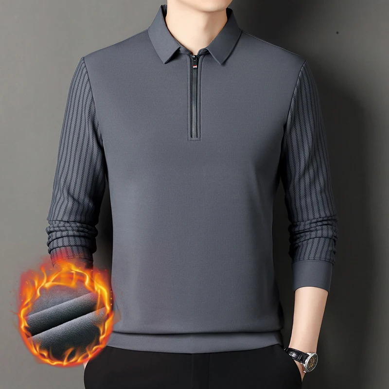 الصلبة اللون طويلة الأكمام SweatShirt الأزياء سستة الرجال بولو الرقبة أعلى القطن بولو طوق طويلة الأكمام الأعمال عارضة قمصان الرجال