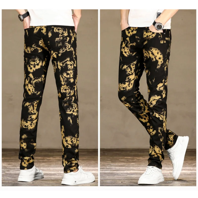 Men's Slim black jeans high-end personalized printed jeans street fashion casual jeans men's pants