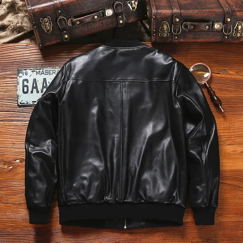 men classic casual Spring soft natural leather jacket.Plus size outlet genuine sheepskin coat.baseball style