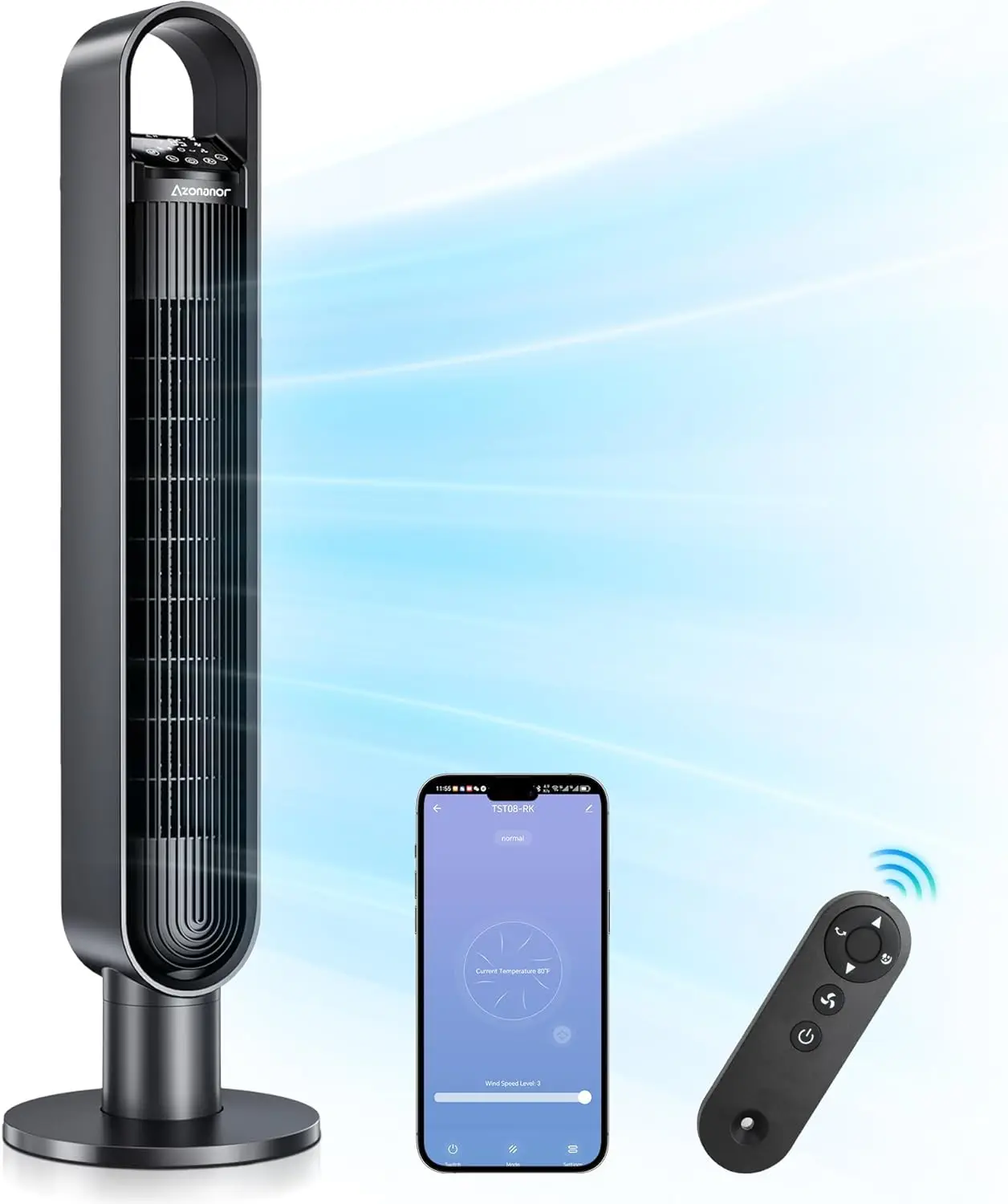 

Tower Fan for Bedroom, 90° Oscillating Standing Bladeless Fan with Remote, 12H Timer, 3 Speeds Max 28ft/s, 3 Modes, LED Display