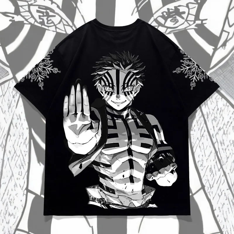 Demon Slayer Akaza Double Sided Print T-shirt, Oversized Black Tee, Monochrome Manga Anime Graphic Short Sleeve