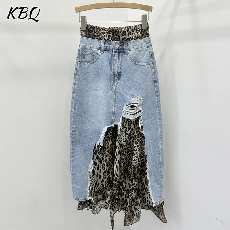 

KBQ Demin Spliced Leopard Print Skirts Foe Women High Waist Patehwork Pockets Chic Irregular Skirt Female Fashion Style Clothes