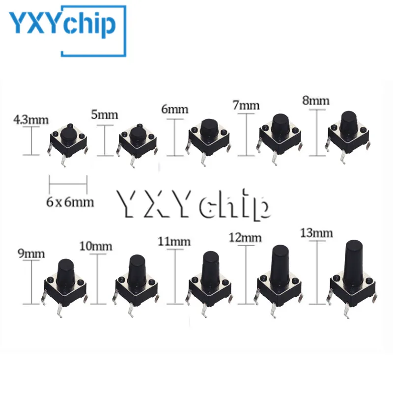 10 Models 6*6 Tact Switch Tactile Push Button Switch Kit Height: 4.3 5~13mm Dip 4p Switch 6x6 Switch For