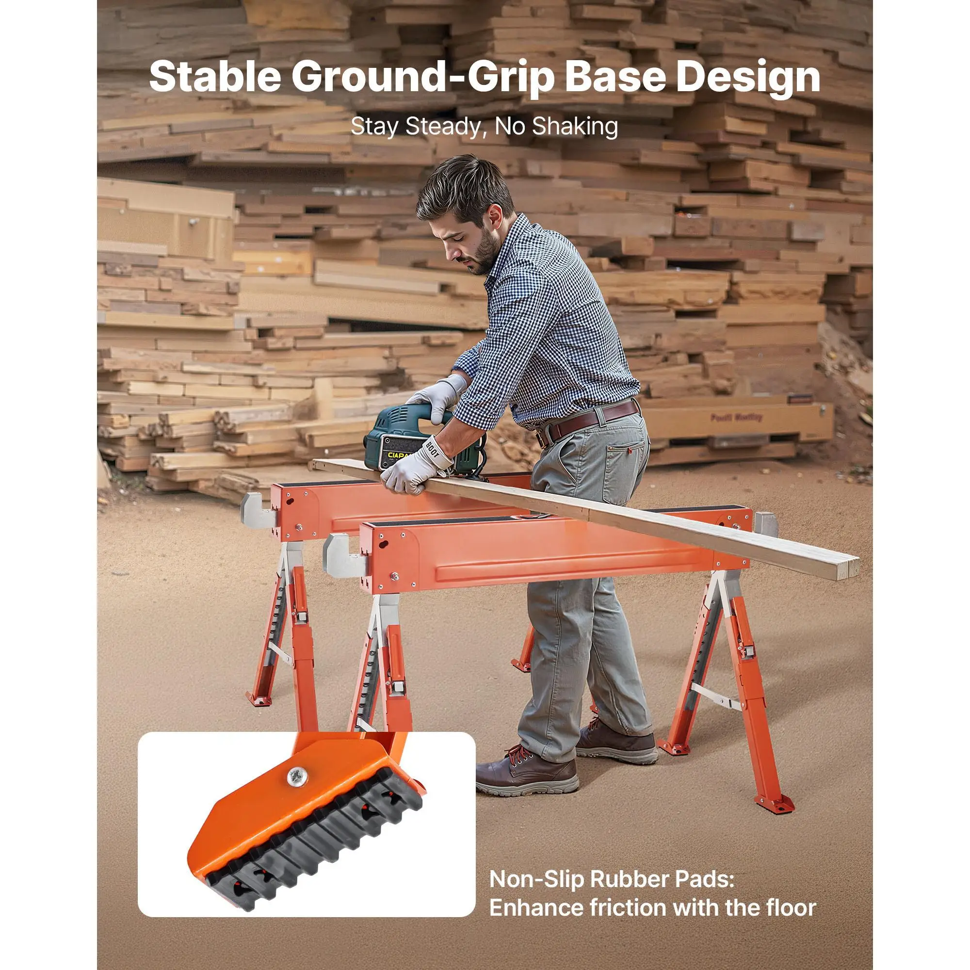 Folding Saw Horses 2 Pack 1800 LB Heavy Duty Adjustable Height Work Support Stands with Non Slip Foot Pads for woodworking Carpentry Contractors