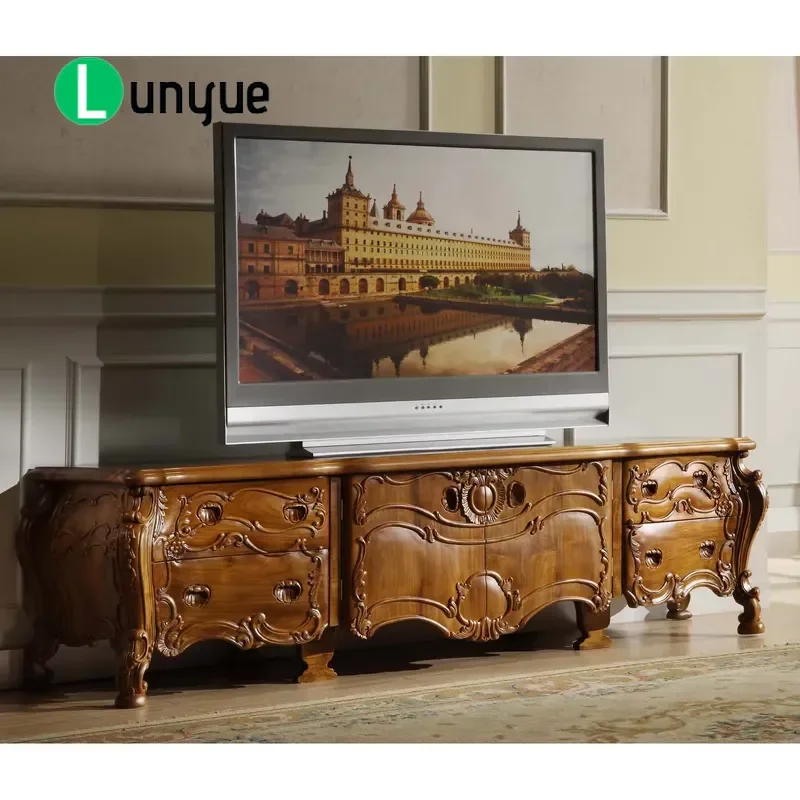 Handmade Carved Teak TV Cabinet 2 Doors 4 Drawers European Style Modern Design Durable Sustainable Wood Media Console