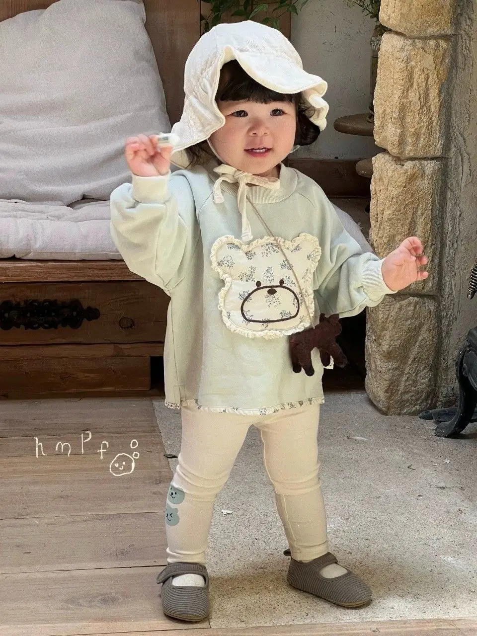 Baby Clothes Autumn Baby Floral Patch Bear Sweater Green Bear Leggings Cute Long Sleeve Outing Clothes Sweatershirt