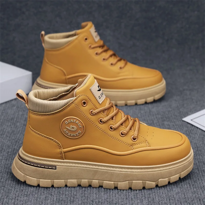 Men's Autumn Winter High-Top Thick-Soled Ankle Boots Trendy Outdoor Workwear Leather Casual Sports Shoes