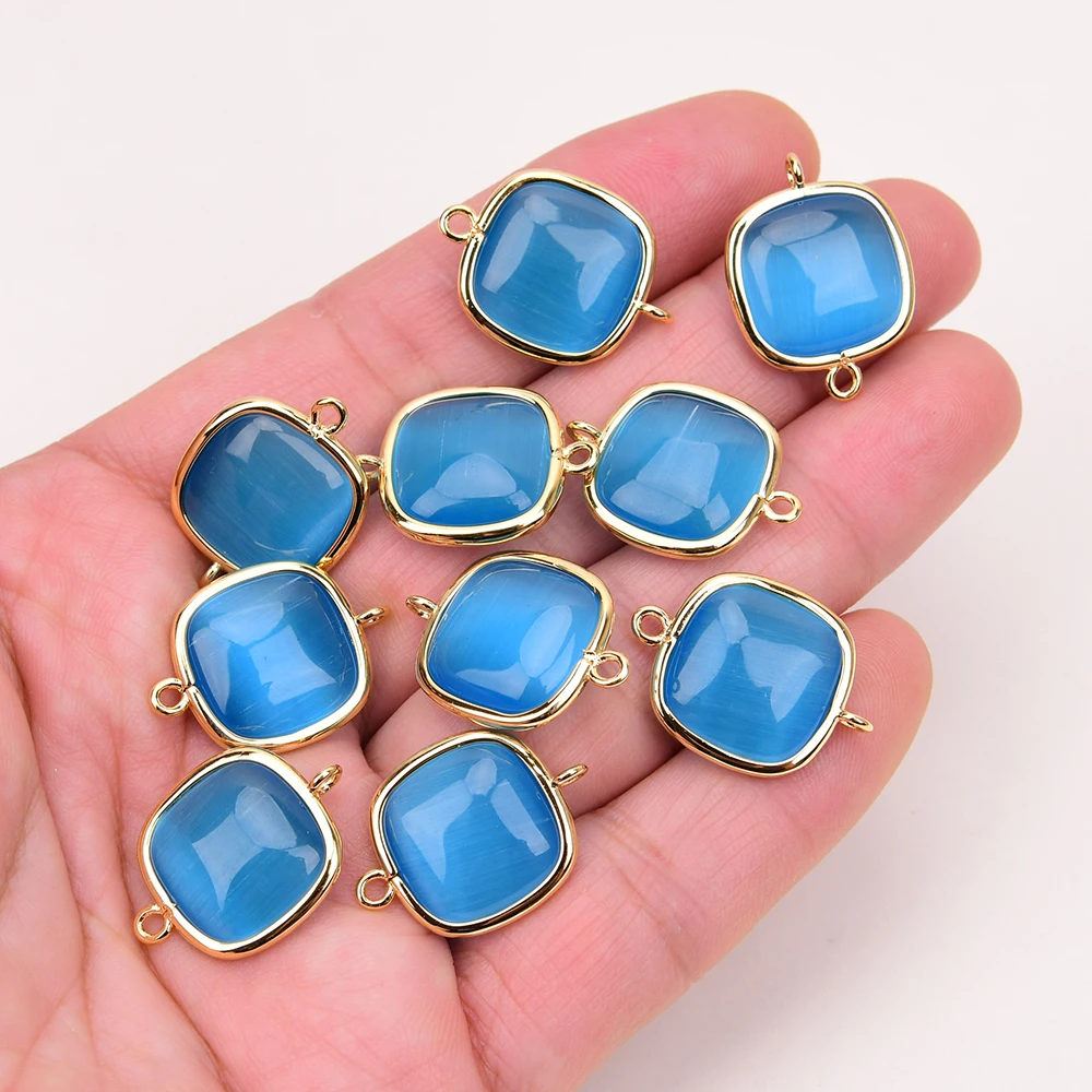 

APDGG 10 Pcs Blue Color Cat eye Square Shape Connector Double Rings Jewelry Finding DIY