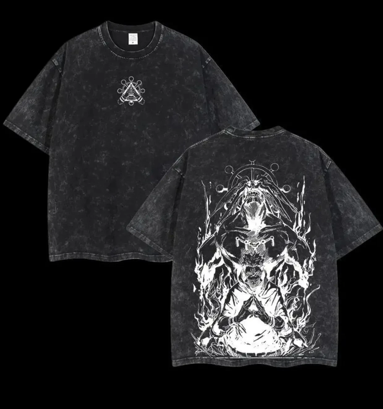 Jujutsu Kaisen Mahoraga T-Shirt Megumi Grafik Herren Rückendruck Acid Wash Übergroßes Streetwear Anime Baumwoll-Oberteil Tee