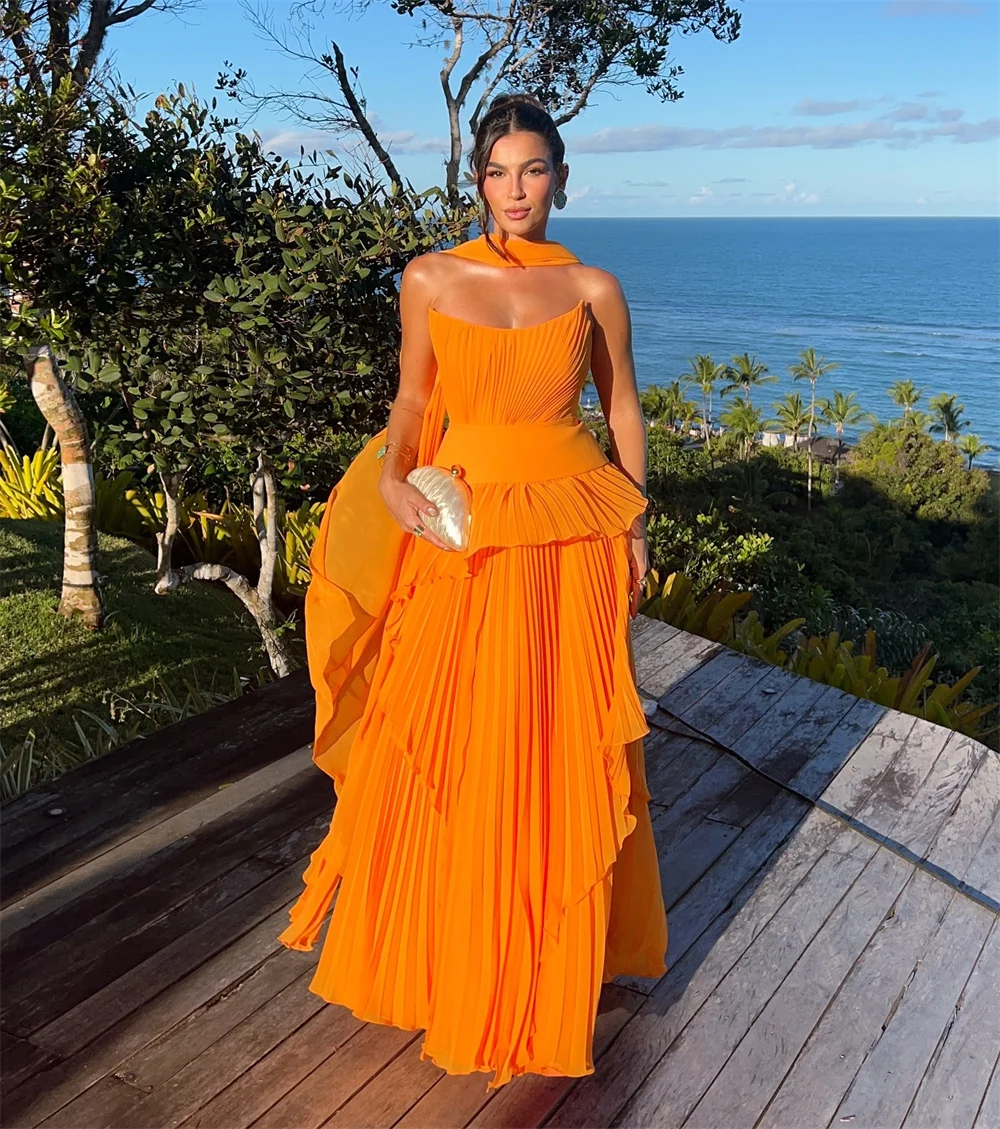 Cathy Aanpassen Oranje Gedrapeerde Chiffon A-lijn Galajurk Eenvoudige Strapless vestidos de noiva Vloerlengte Avondjurken 2025