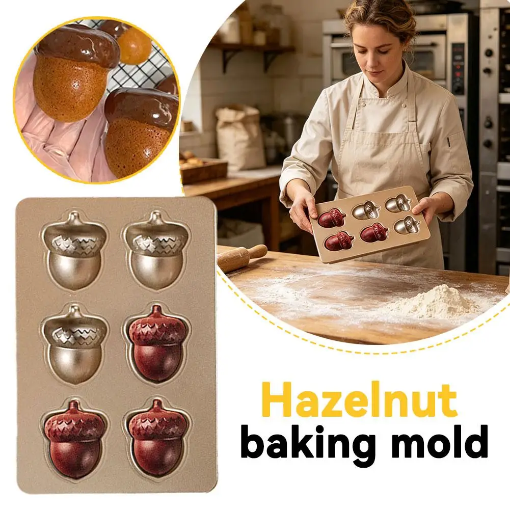 Molde para Hornear de Acero al Carbono Antiadherente con 6 Cavidades en Forma de Bolota y Avellana, Apto para Horno, para Magdalenas, Pasteles, Galletas de Chocolate