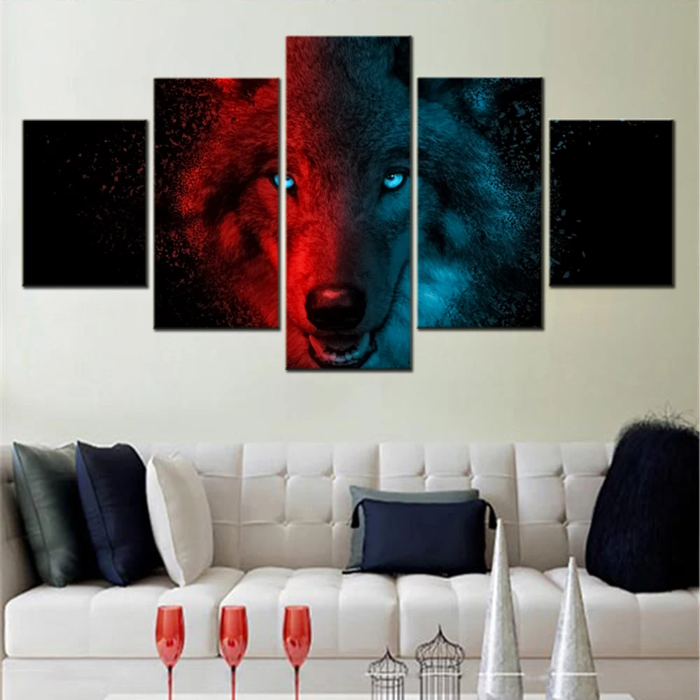 

5 Pieces Canvas Wall Arts Animals Poster Red And Blue Wolf Picture Print Home Decorative Living Room Artwork Wallpaper Framed