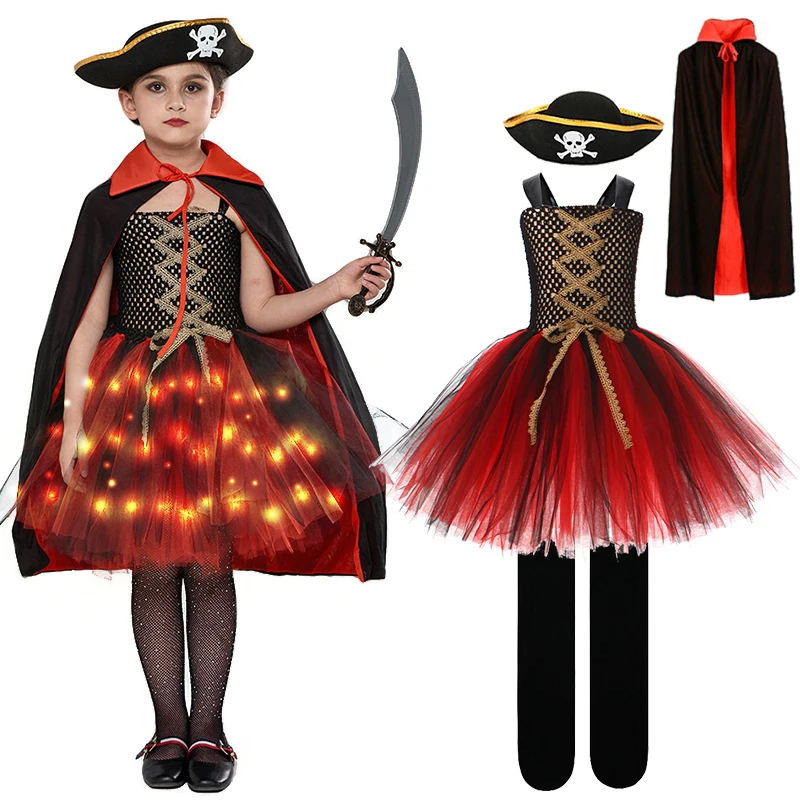 Disguised Child Cosplay Pirate Fluffy Tutu Dress + Hat Masquerade Clothing Set Halloween Carnival Stage Play Performance Costume