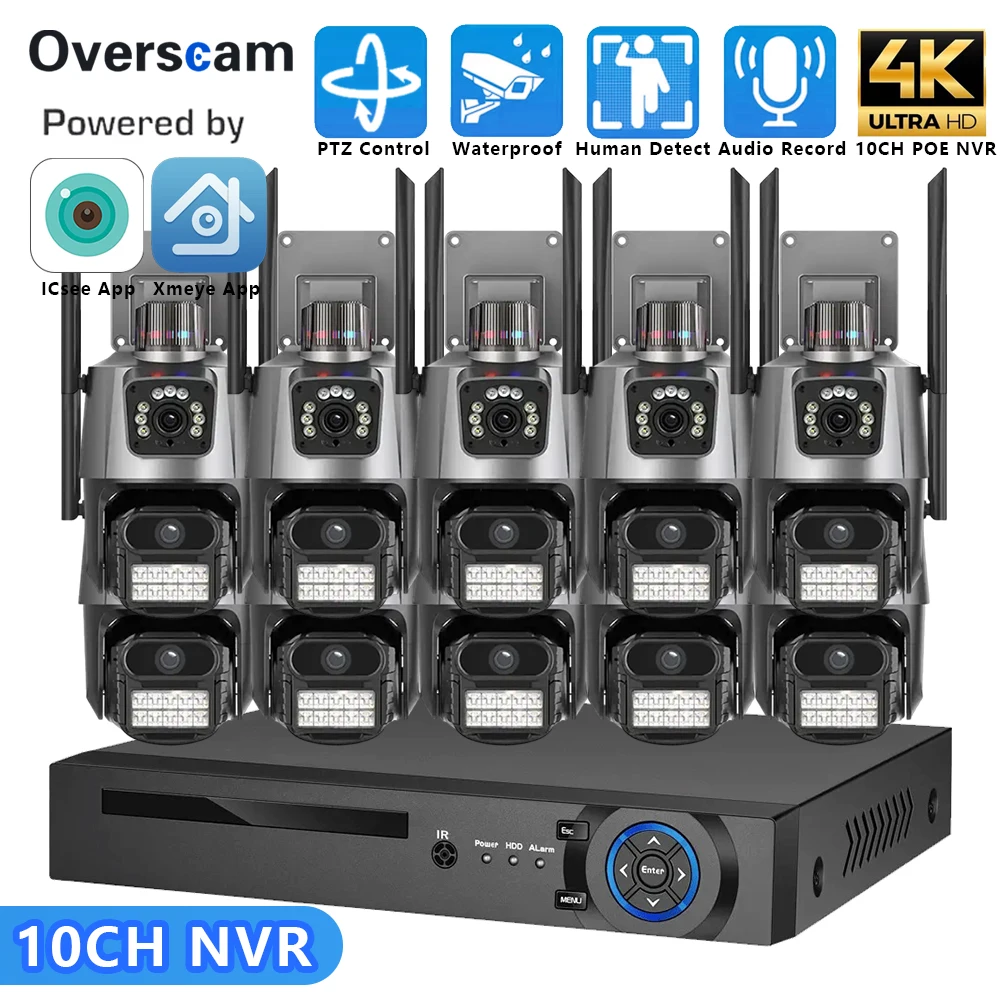 4K 10CH POE NVR Security Camera System PTZ Control Human Detection Waterproof Audio Record ICSee Xmeye App CCTV Surveillance Kit