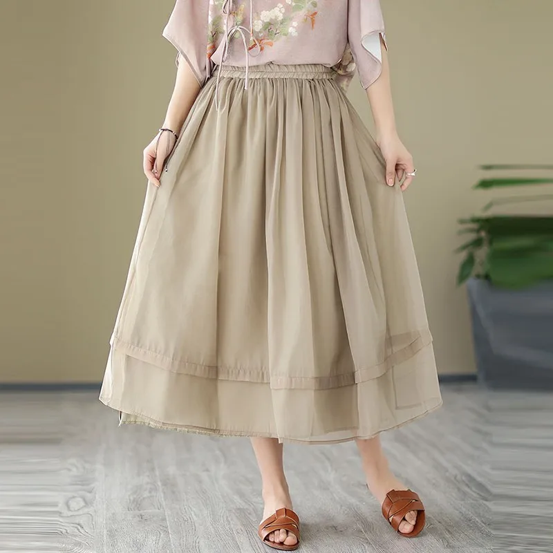 

High Waist A-line Long Skirt Women New Arrival 2024 Summer Vintage Style Solid Color Basics Female Casual Dresses B3647