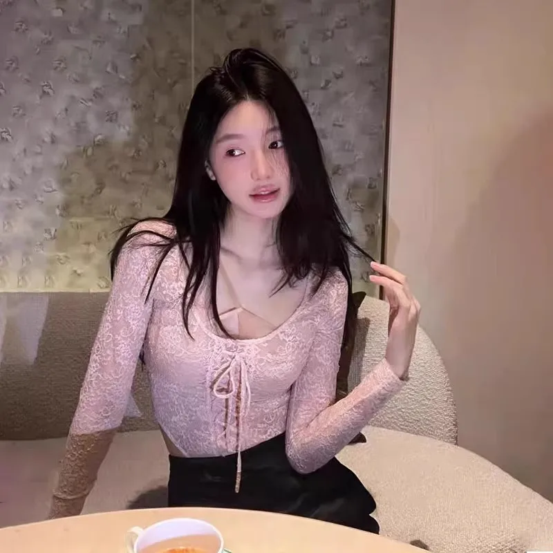 

TZ5628 Sexy U-Ne Lace Patchwork Bodycon Long Sve Onesie Women's New Sle Pure Desire Personali Tight Fit Top