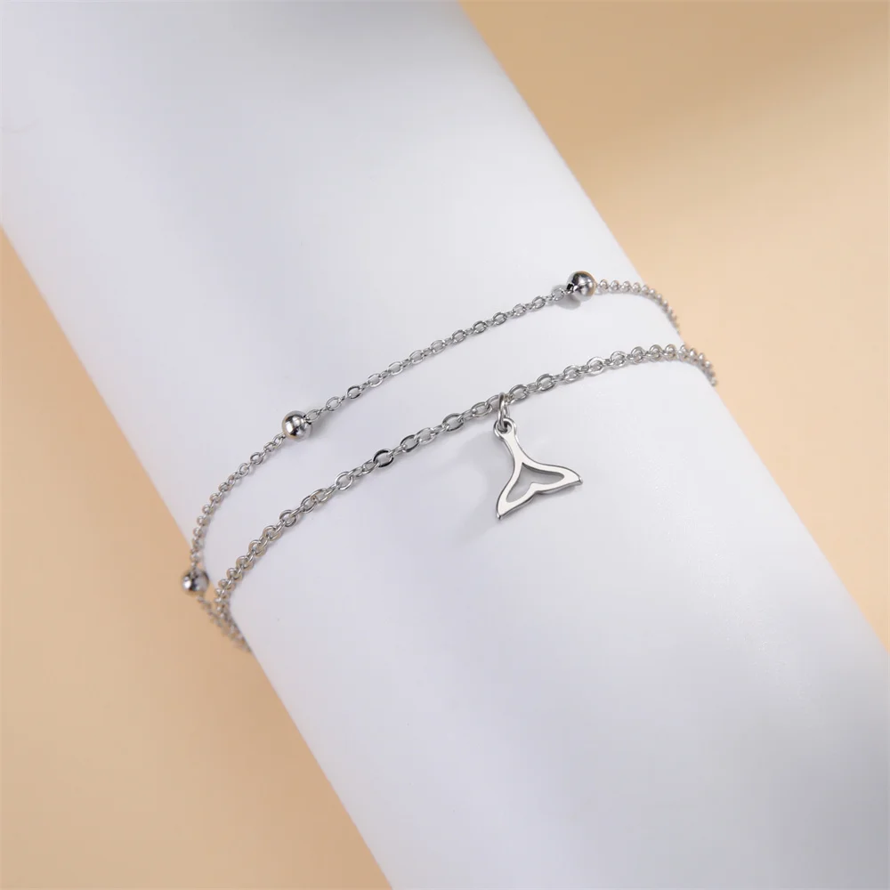 Stainless Steel Whale Fish Tail Bracelets for Women Girls Charm Double Layer Beads Chain Bracelets Fashion Jewelry Wedding Gift