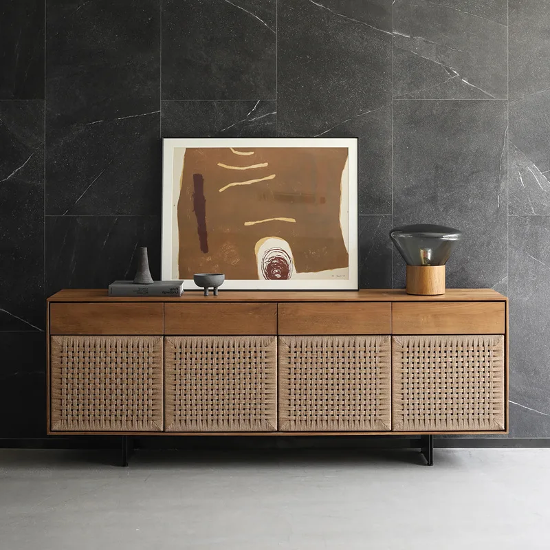 

Solid wood braided rope dining side cabinet wabi-sabi wind living room storage cabinet weaving characteristics creative