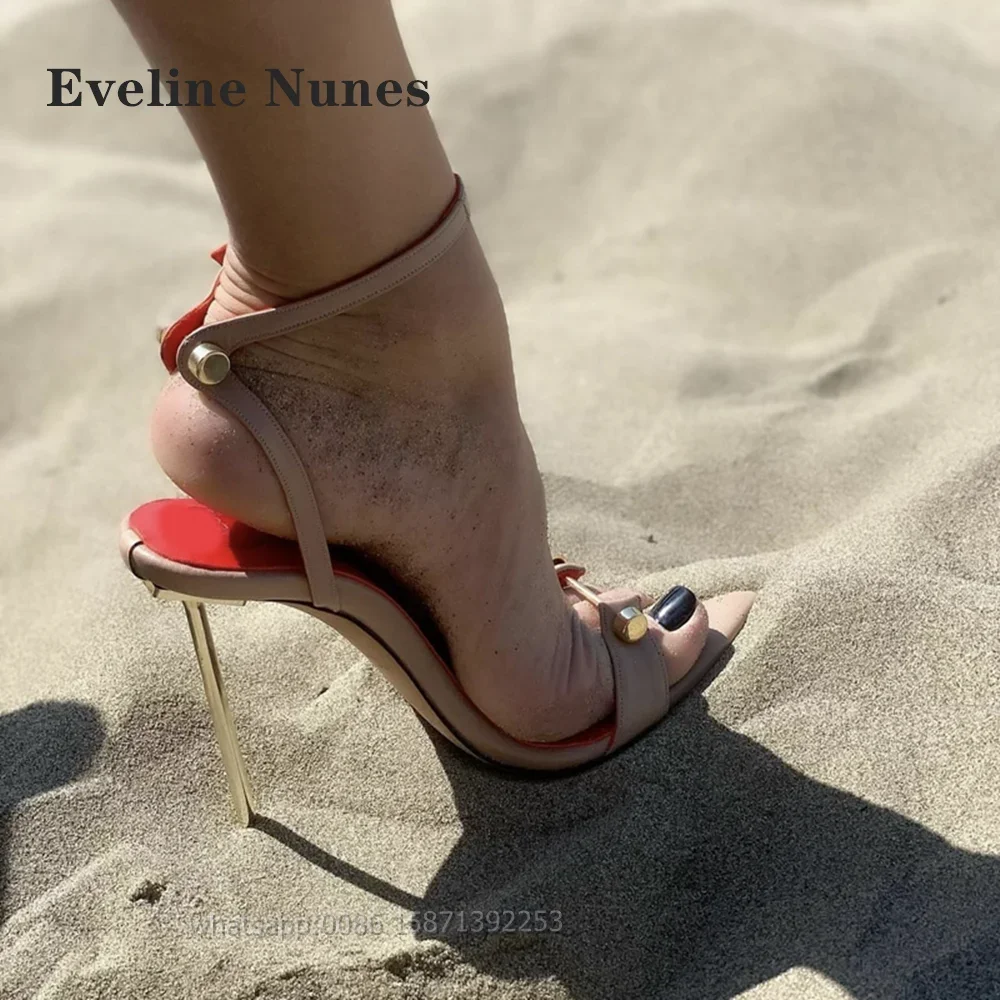 

Metal Decoration Straight Strap Sandals Slingback Sexy Shoes Summer Open Toe Metal Heel Buckle Strap Side Air Women High Heels