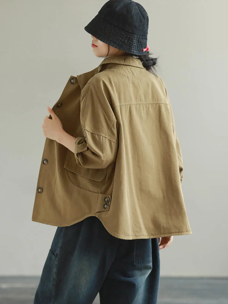 Amax LuluE Autumn 2025 Outerwear Womens Khaki Korean Style Vintage Jacket Basic Lady Casual Coat Button Harajuku Loose Clothing