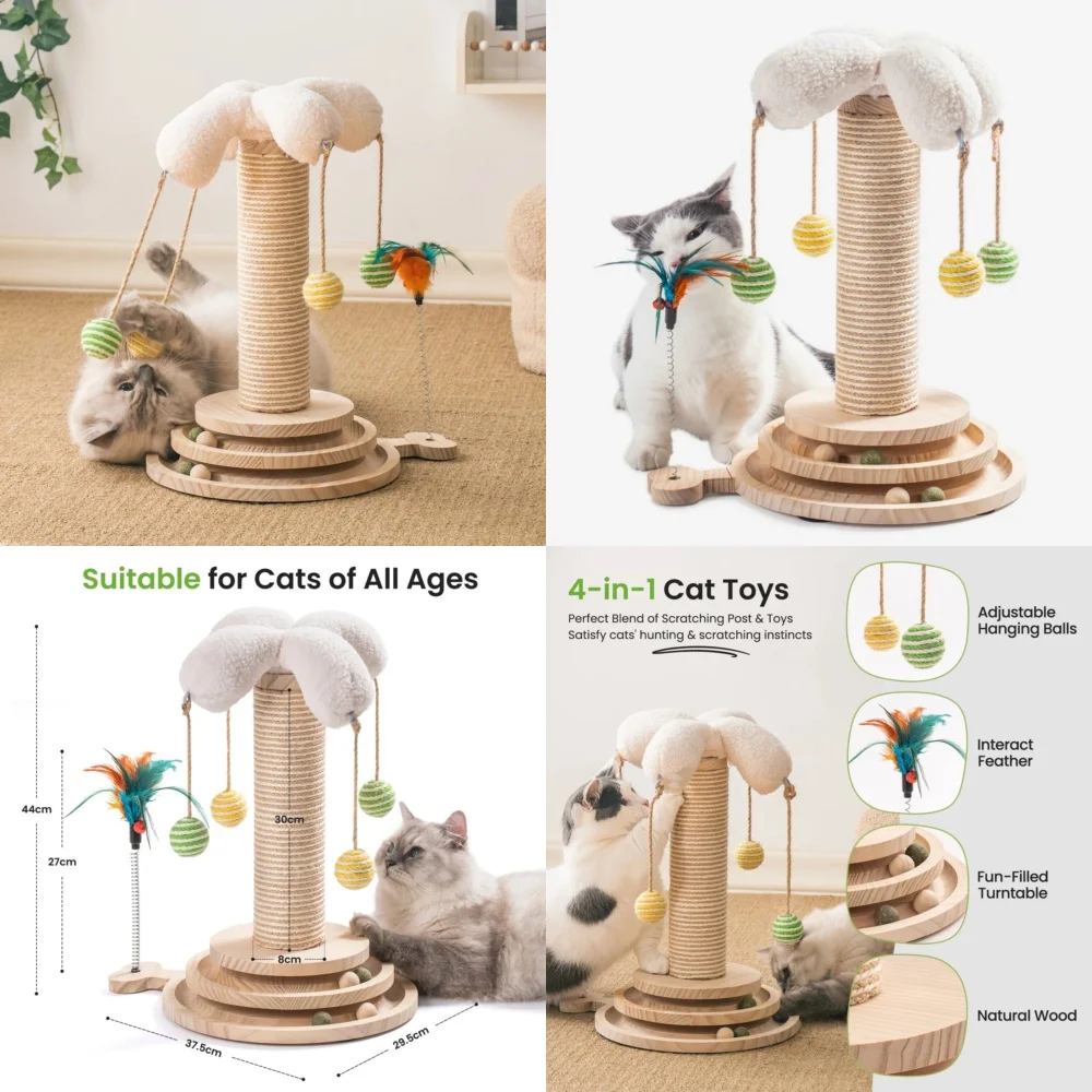 

Cat Scratching Post with Feathers and Ball Natural Sisal Rope Cat Toy for Indoor Cats Durable Scratch Pole for Claw Training