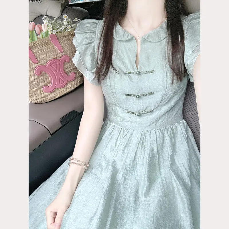 New Chinese Style Mint Mambo Green Buttoned Flying Sleeve Dress for Women in Summer Waist-hugging A-line Skirt