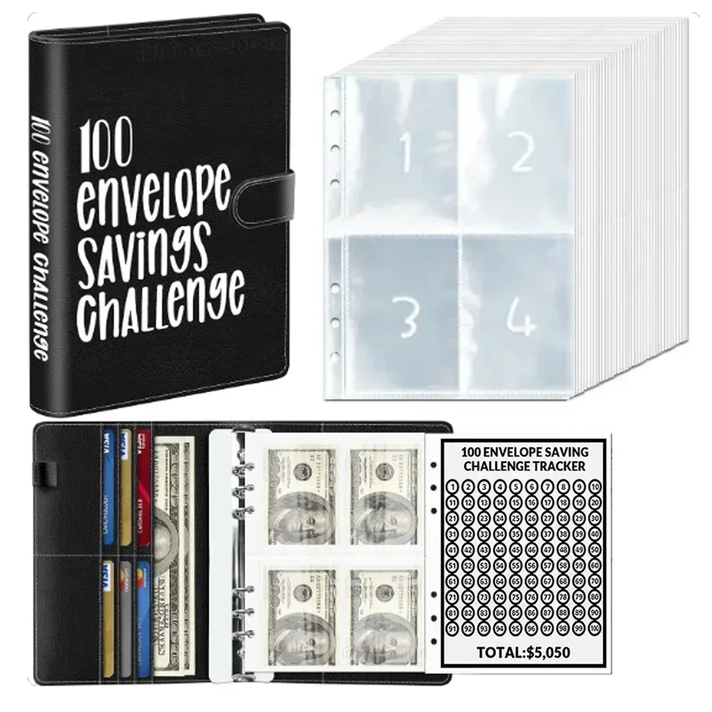 Sharkbang A5 PU 100 Envelope Saving Challenge Book,Binder Collect Book Set 25 Sheets 100 Pockets Number Sleeves Full Set Holder