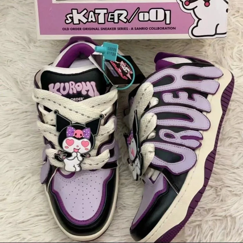 Sanrio Purple Kuromi Campus Style Original Skateboard Shoes for Women Beige Pochacco Casual Platform Versatile Off White Shoes