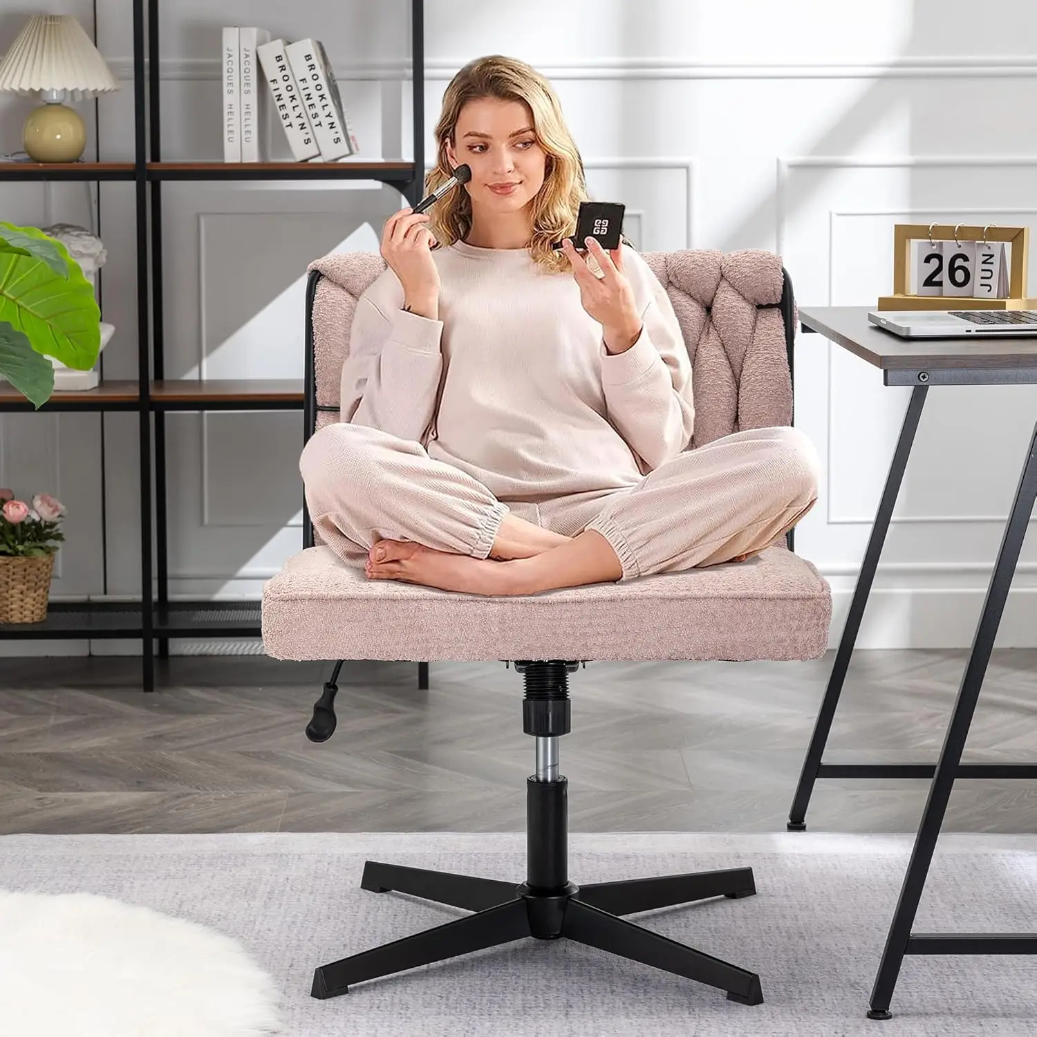

Criss Cross Legged Office Chair, Vanity Chair With Back, Modern Arml Desk Chair With Comfy Wide Cushion For Living