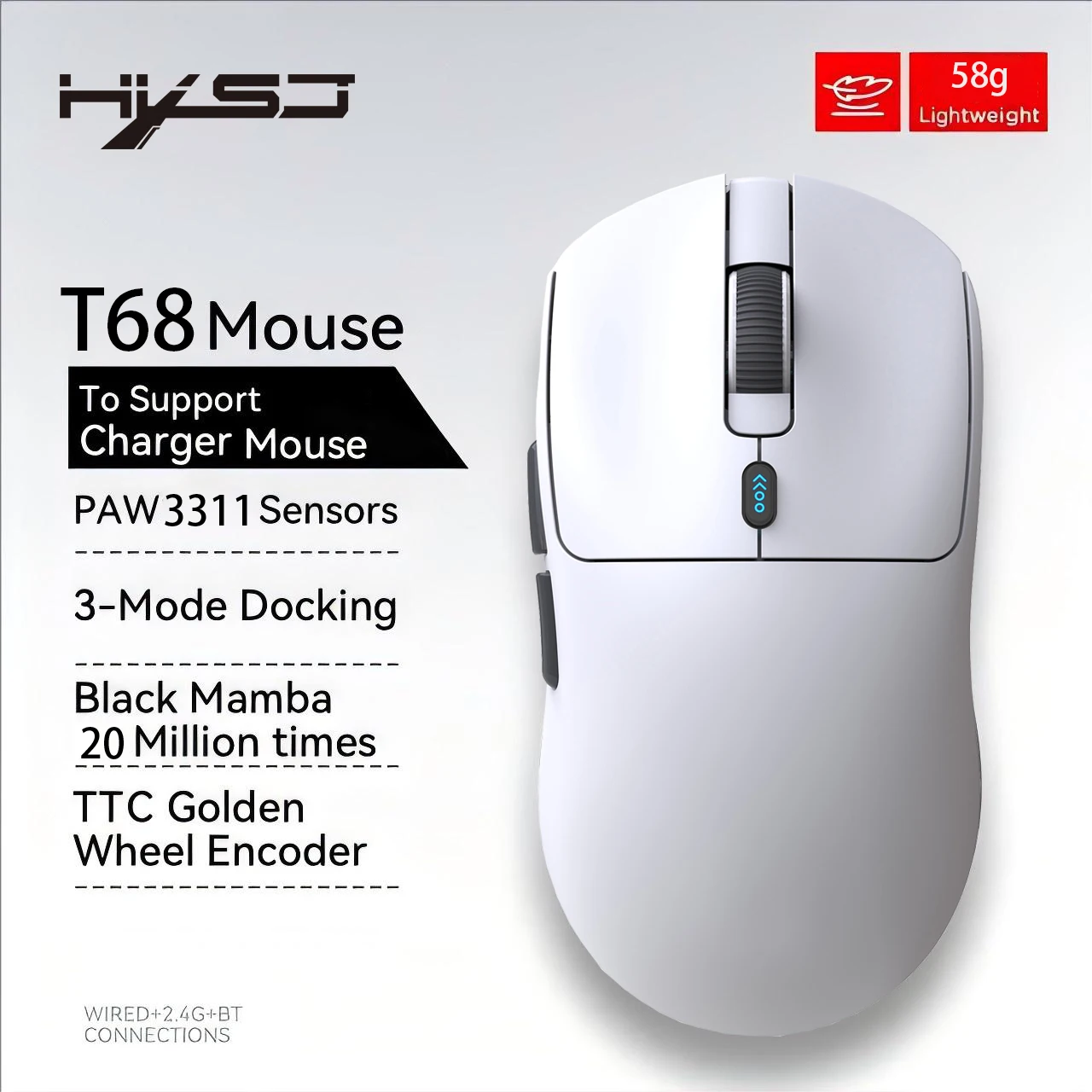 T68 Kabellose Gaming-Maus mit drei Modi, 55 g, leicht, TTC-Schalter, 3311IC, 12000 dpi, verstellbar, 1000 Hz, 7 Tasten programmierbar