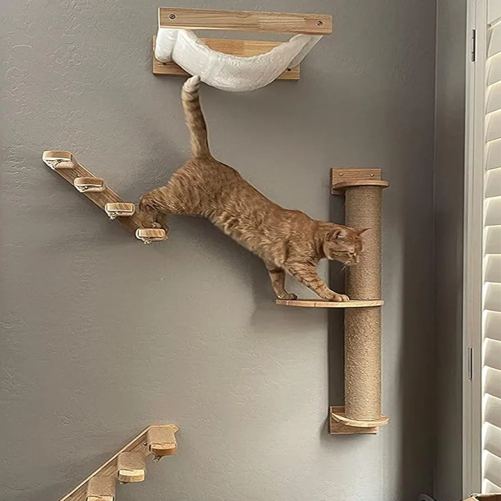 Cat Wall Furniture Floating Wall Shelf With Cat Scratching Post Climbing Perches Hammock Wall Steps For Sleeping Playing Res