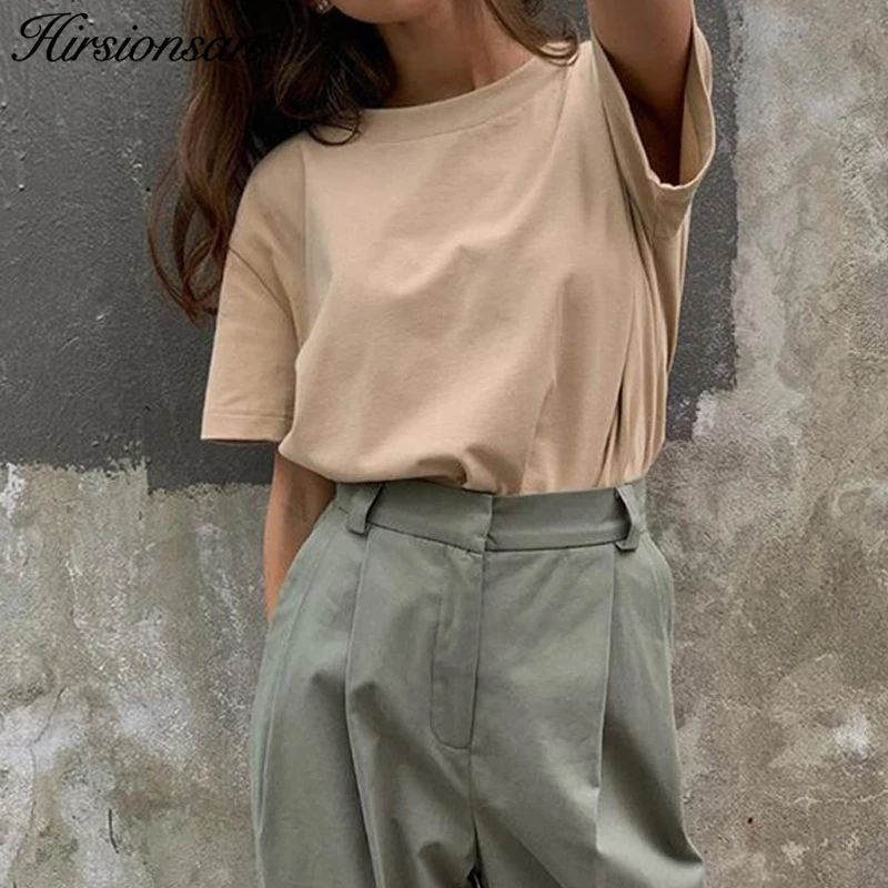 Hirsionsan 100% Cotton T Shirt Women Summer New Oversized Solid Basic Tees 9 Color Casual Loose Tshirt Korean O Neck Khaki Tops - Image 3