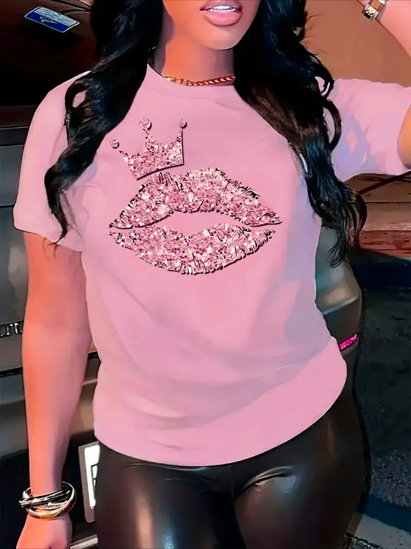 Women Casual Short Sleeve Lip Print Crew Neck T-Shirt for Spring & Summer Women's Fashion Graphic Clothing 2026 Summer New Tee