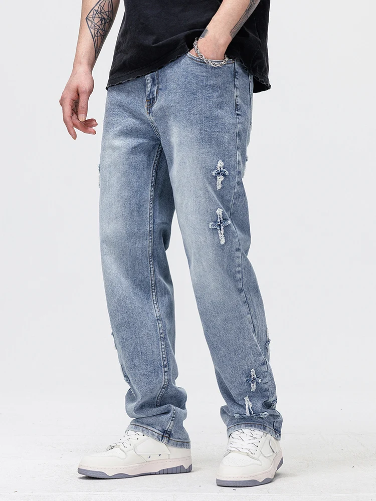 

Casual American Sle Loose Straight Leg Men's Jeans Spring Autumn Wear Resistant Water Waed Patchwork Star Crossed Yellow ...
