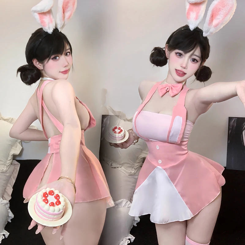 

Pure Desire Erotic Lingerie Soft Cute Rabbit Tempting Cosplay Set Sling Skirt Kawaii Maid Cosplay Costumes Pink Sweet Mini Dress