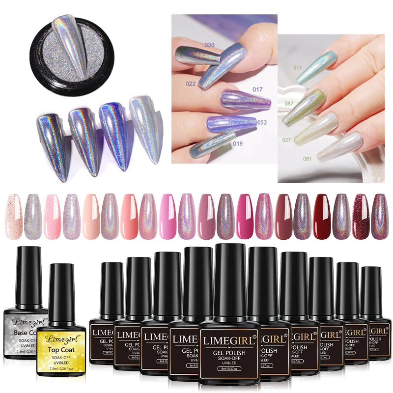 LIMEGIRL 10 Colors Nail Gel Set UV Soak Gel Base Coat Gel with Laser Powder Nail Art DIY Semi-Permanent Gel Varnish Kit