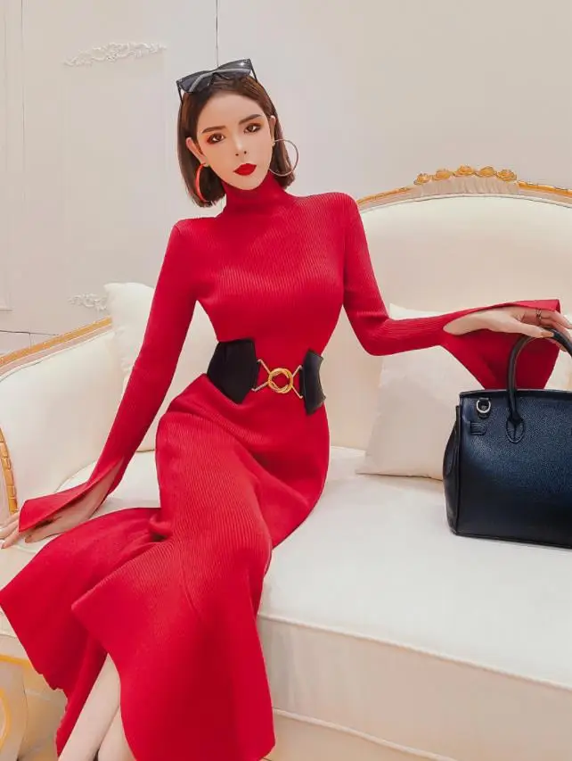 

High-neck long knitted dress women's autumn and winter fishtail sweater dress over the knee with belt